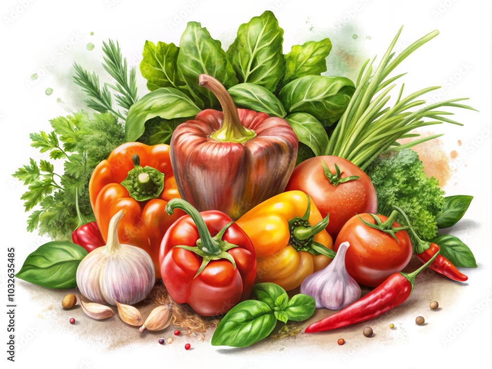Fresh Vegetables and Herbs in Watercolor Style Fresh Vegetables and Herbs in Watercolor Style