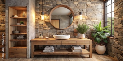 Tranquil Luxury Rustic Spa Bathroom with White Ceramic Sink, Earthy Tones, and Warm Lighting, Modern Interior Design Concept for Relaxation and Elegance photo