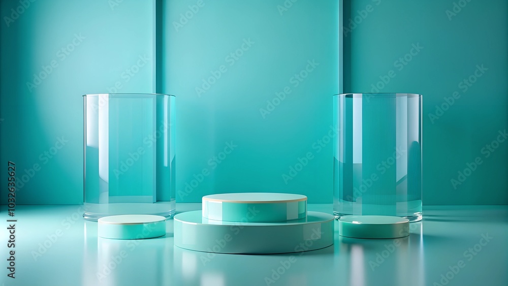 A bright turquoise blue scene featuring a frosted cylinder podium, ideal for contemporary product displays and modern design concepts A bright turquoise blue scene featuring a frosted cylinder podium, ideal for contemporary product displays and modern design concepts