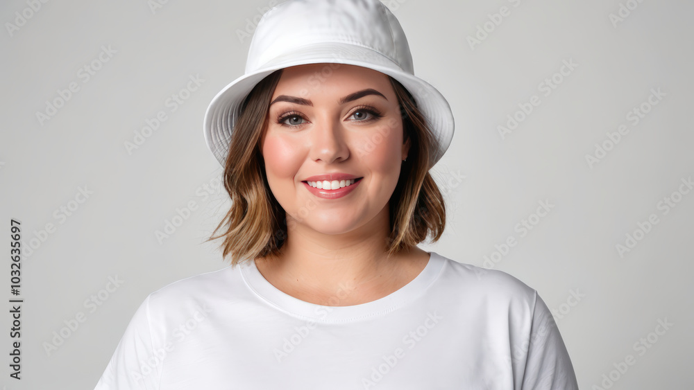 Plus size woman with short hair wearing white t-shirt and white bucket hat isolated on grey background Plus size woman with short hair wearing white t-shirt and white bucket hat isolated on grey background