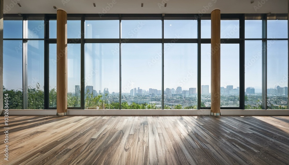 Fototapeta premium Contemporary spacious interior with wooden flooring, panoramic windows with city view and daylight. 3D Rendering.