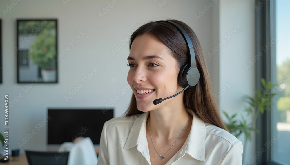 Call center employee in a headset speaking with a friendly expression in a clear simple office setting Call center employee in a headset speaking with a friendly expression in a clear simple office setting