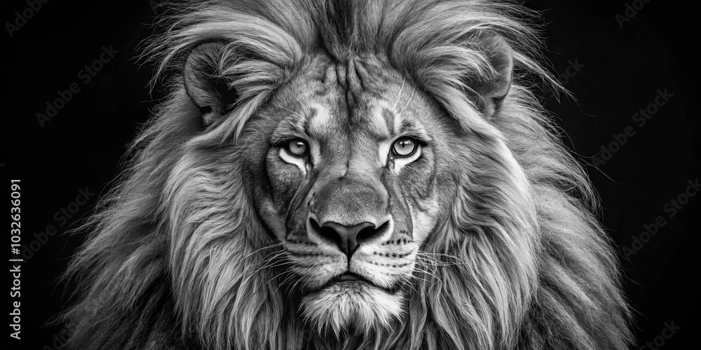 Naklejka premium Black and White Portrait of a Lion's Majestic Gaze, wildlife, photography