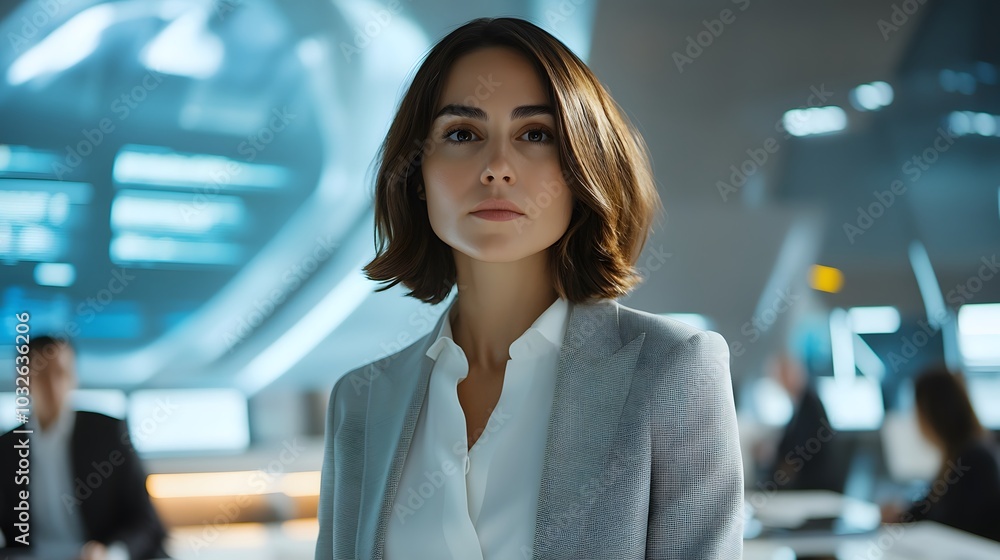 A woman in her early 30s with a stylish bob haircut, wearing a modern white blouse and a slim-fit gray blazer, stands at the head of the table in a high-rise tech company office. The walls are lined A woman in her early 30s with a stylish bob haircut, wearing a modern white blouse and a slim-fit gray blazer, stands at the head of the table in a high-rise tech company office. The walls are lined