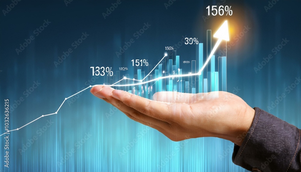 Hand holding rising financial chart with numbers. Hand holding rising financial chart with numbers.