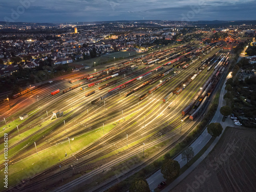 aerial view of a busy railroad marshalling yard at night in Kornwestheim next to Stuttgart, Germany photo