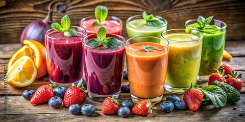 Vibrant Smoothie Glasses Close-up on Rustic Wood, Fresh Fruits, Healthy Lifestyle Concept, Colorful Festive Refreshments Display