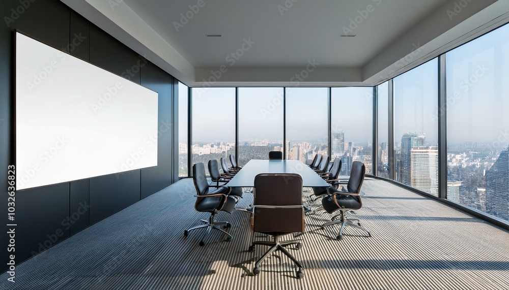 Fototapeta premium Modern meeting room interior with panoramic windows, city view and empty white mock up banner. 3D Rendering.