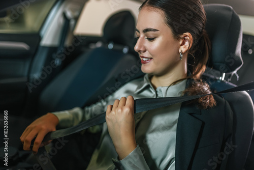 Fotografija Young businesswoman putting a seatbelt on