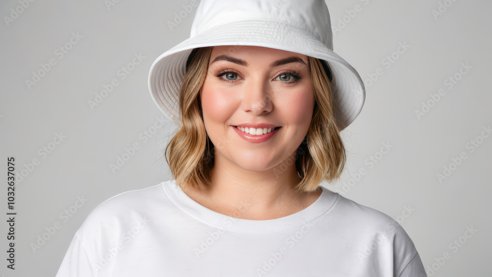 Plus size woman with short hair wearing white t-shirt and white bucket hat isolated on grey background Plus size woman with short hair wearing white t-shirt and white bucket hat isolated on grey background