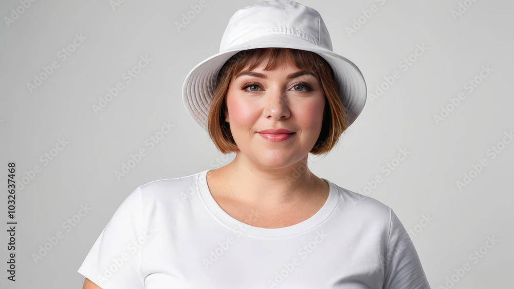 Plus size woman with short hair wearing white t-shirt and white bucket hat isolated on grey background Plus size woman with short hair wearing white t-shirt and white bucket hat isolated on grey background