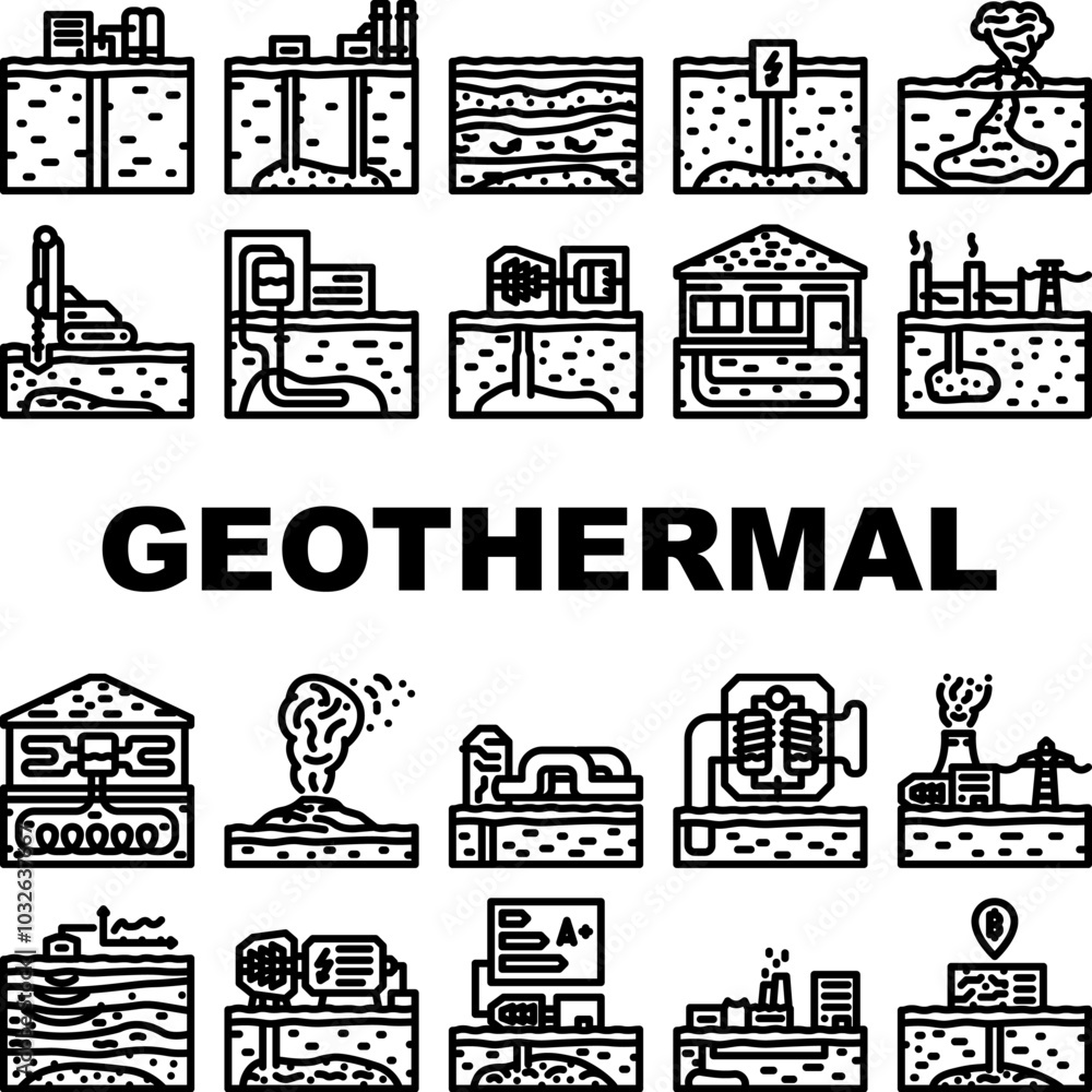 Obraz premium geothermal energy renewable heat icons set vector. earth power, sustainable resources, electricity technology, environment, efficiency geothermal energy renewable heat black contour illustrations