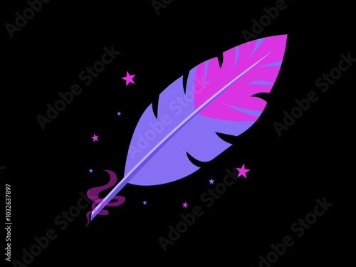 Purple magic feather on black background. Flat vector illustration.