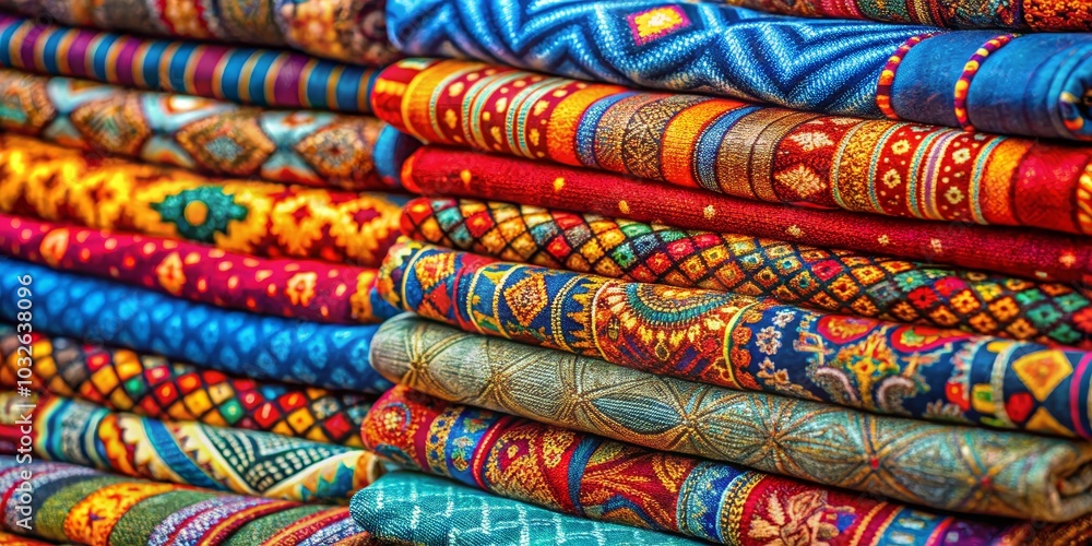 Vibrant Stack of Colorful Fabric Rolls, Patterned Textiles, Market, Design, Fabric, Texture Vibrant Stack of Colorful Fabric Rolls, Patterned Textiles, Market, Design, Fabric, Texture