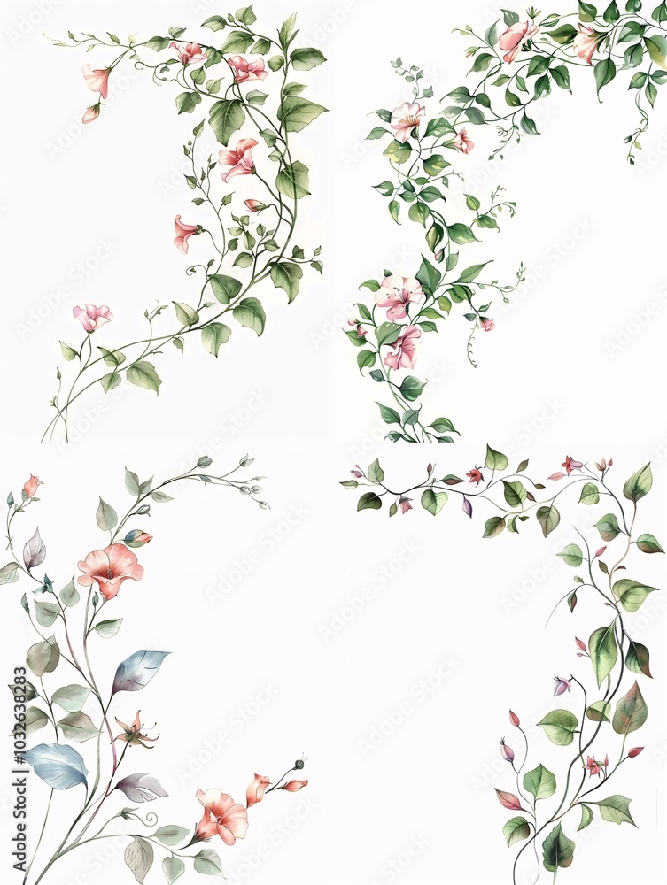 Vine flowers and plants curve growth decorative style watercolor style on white background. hand drawn design elements for cover, invitation or greeting cards. Vine flowers and plants curve growth decorative style watercolor style on white background. hand drawn design elements for cover, invitation or greeting cards.