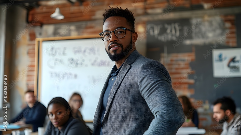A man in his early 40s, wearing a gray suit and glasses, stands at a whiteboard, his face filled with determination as he leads a critical brainstorming session. His colleagues, a mix of men and A man in his early 40s, wearing a gray suit and glasses, stands at a whiteboard, his face filled with determination as he leads a critical brainstorming session. His colleagues, a mix of men and