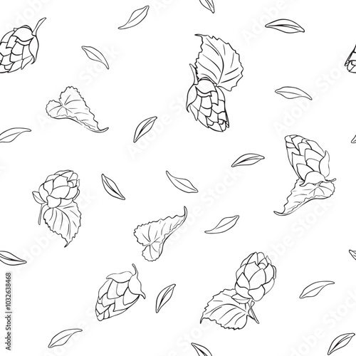 Hop cones, leaves and wheat grains monochrome vector seamless pattern isolated. Repeated texture of cereal grains and humulus black white outline painted by ink for design wrapping paper, brewing.