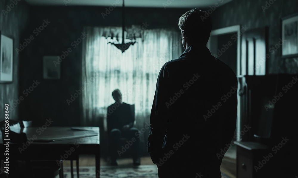 Silhouette of a man in a dark room. Silhouette of a man in a dark room.