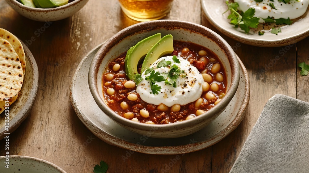 A bowl of chili with white beans, ground beef, and avocado, topped with sour cream and cilantro. A bowl of chili with white beans, ground beef, and avocado, topped with sour cream and cilantro.