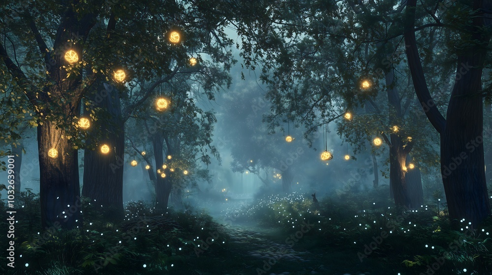 Fototapeta premium A mystical forest scene illuminated by glowing orbs hanging from tree branches. The air is filled with a soft mist, and the ground is dotted with small, bright blue lights resembling fireflies. 