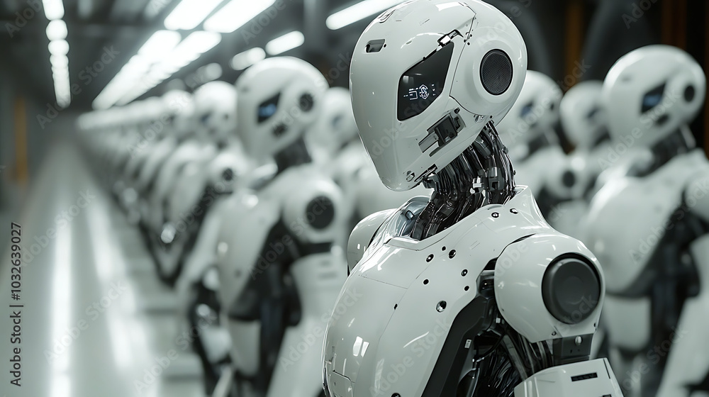 A robot is standing in a row of robots A robot is standing in a row of robots