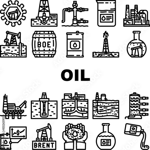 oil industry petroleum refinery icons set vector. exploration drilling, extraction offshore, onshore pipeline, reservoir, geology oil industry petroleum refinery black contour illustrations