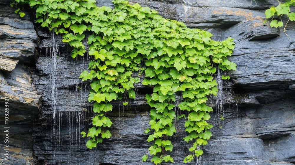 Vibrant green foliage drapes elegantly over a rocky surface enhancing the natural beauty Vibrant green foliage drapes elegantly over a rocky surface enhancing the natural beauty