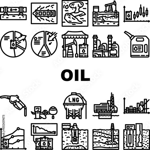 oil industry petroleum drilling icons set vector. pipeline, reservoir geology, seismic upstream, downstream midstream, crude oil industry petroleum drilling black contour illustrations
