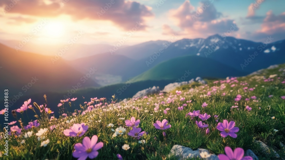Obraz premium Colorful flowers thrive on a mountainside during sunset painting the landscape in warmth