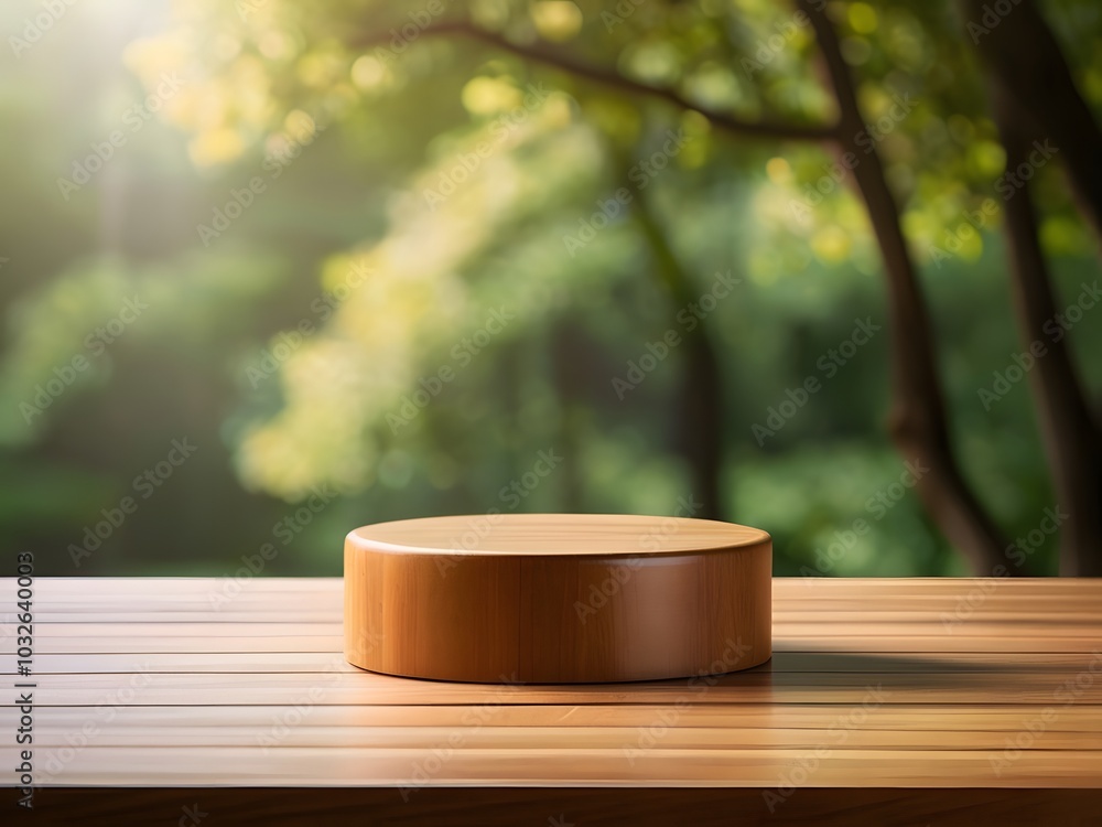 wooden podium for product display with blurred green trees background wooden podium for product display with blurred green trees background