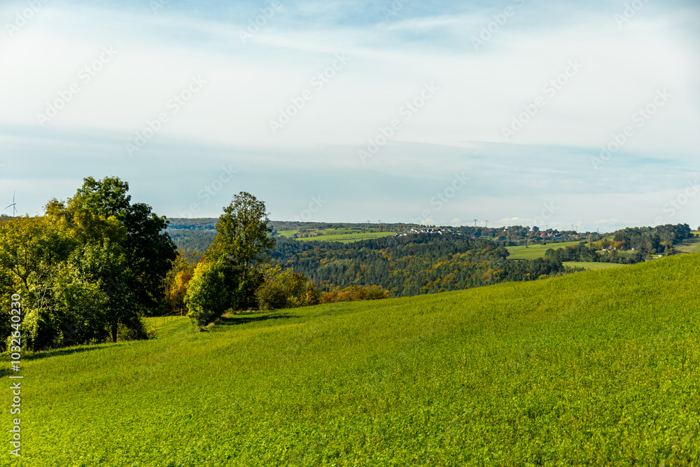Fototapeta premium Eine farbenfrohe herbstliche Wanderung durch die wunderschöne Landschaft der Saale Horizontale bei Jena - Thüringen - Deutschland