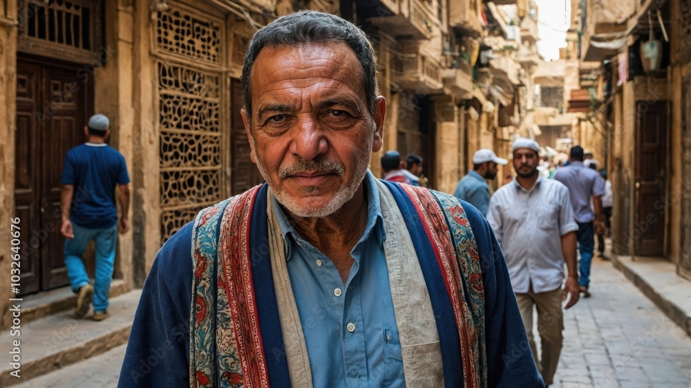 Fototapeta premium A man walking on the streets of Cairo, surrounded by the city's vibrant atmosphere, with traditional architecture in the background