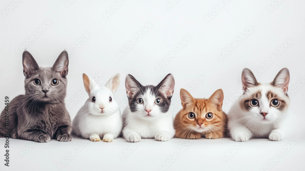 Five animals, including cats and a rabbit, sit in a row on a white background. Each animal looks attentive and curious. Fur colors range from gray to ginger Five animals, including cats and a rabbit, sit in a row on a white background. Each animal looks attentive and curious. Fur colors range from gray to ginger
