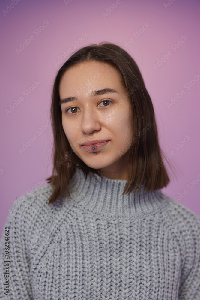smile or frenulum piercing under the upper lip. smile or frenulum piercing under the upper lip.