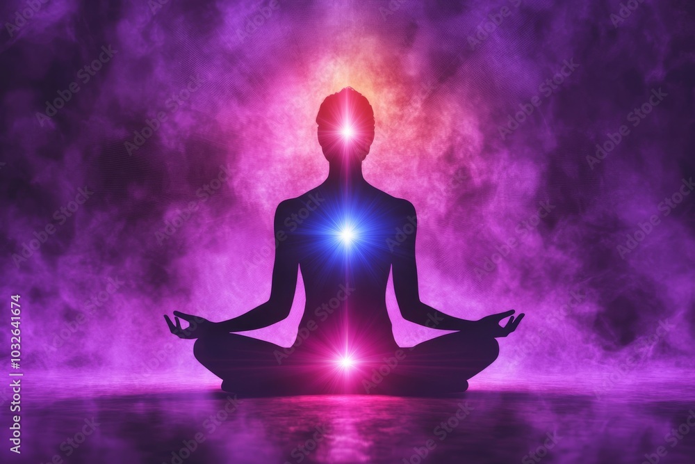 Silhouette of a meditative figure with glowing chakras seated against a purple mist background symbolizing spiritual awakening energy balance and the cosmic connection of body and mind Silhouette of a meditative figure with glowing chakras seated against a purple mist background symbolizing spiritual awakening energy balance and the cosmic connection of body and mind