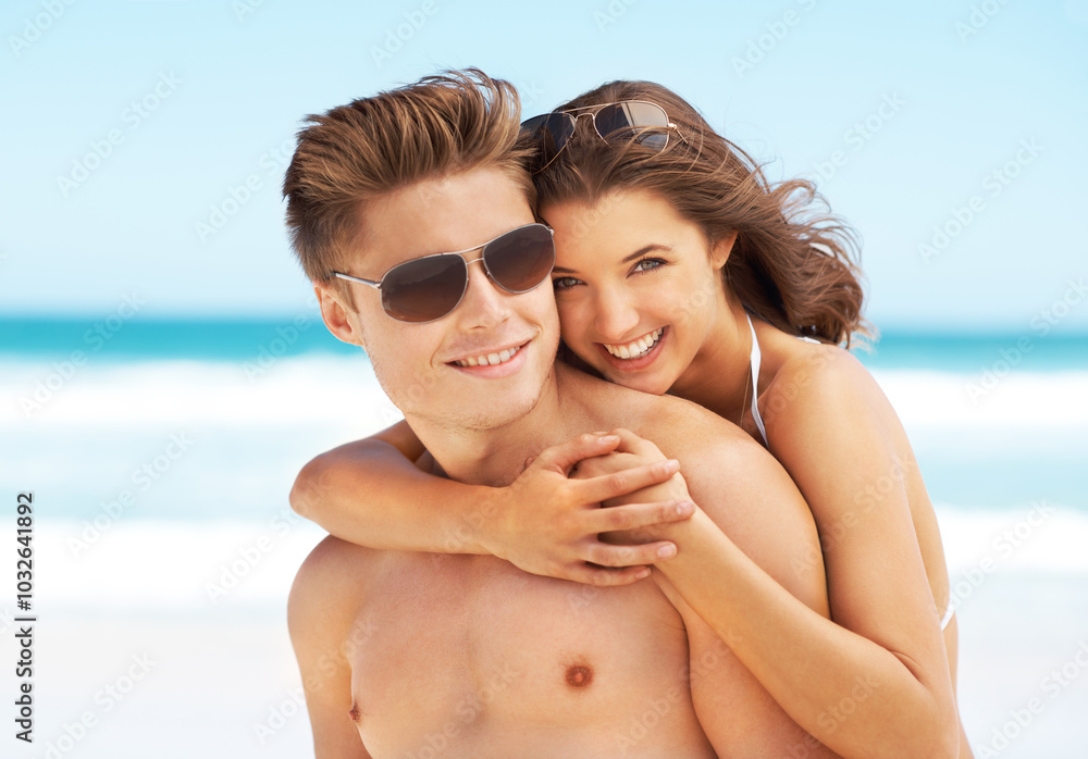 Couple, beach hug and sunglasses in portrait, swimwear and nature for romance in relationship. People, tropical vacation and love for support in marriage, embrace and together on holiday in Miami Couple, beach hug and sunglasses in portrait, swimwear and nature for romance in relationship. People, tropical vacation and love for support in marriage, embrace and together on holiday in Miami