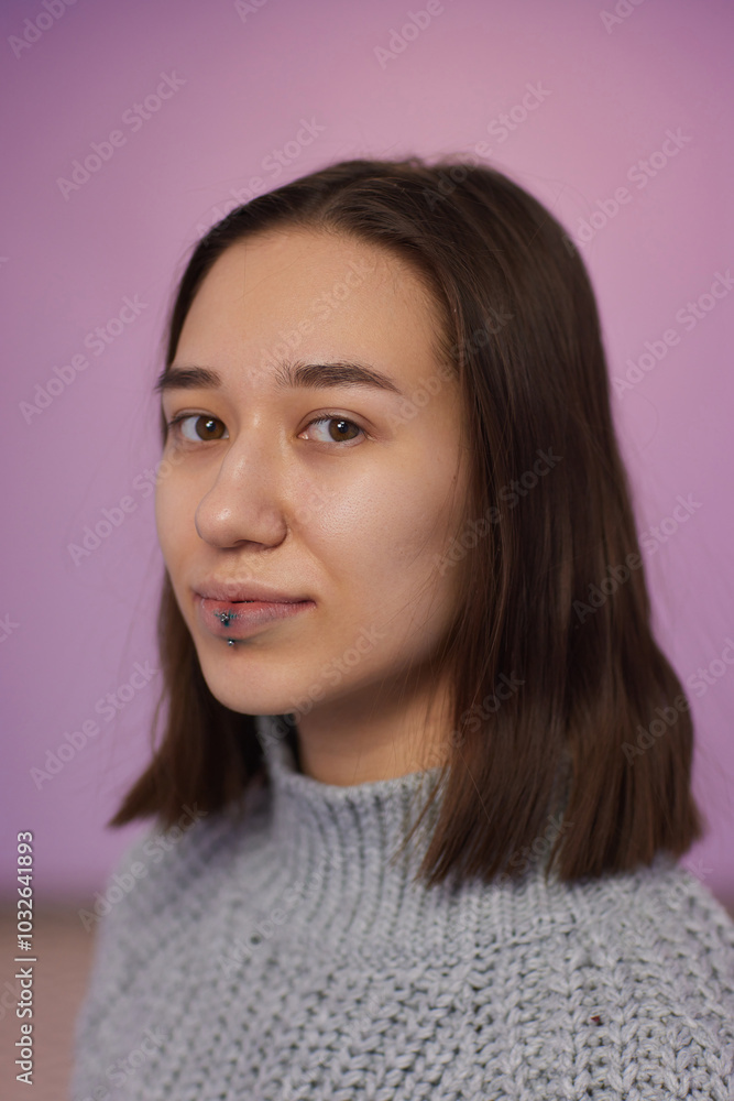 smile or frenulum piercing under the upper lip. smile or frenulum piercing under the upper lip.