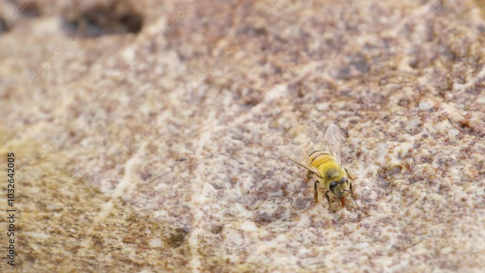 Close-up of European honeybee (Apis mellifera) walking on a clear, rough, rocky surface. Bee extends its proboscis (tongue) to drink water from tiny pores. Abdomen pulsating, slow motion Close-up of European honeybee (Apis mellifera) walking on a clear, rough, rocky surface. Bee extends its proboscis (tongue) to drink water from tiny pores. Abdomen pulsating, slow motion
