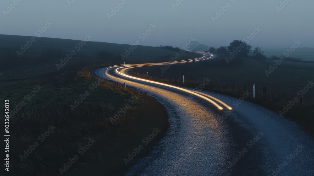Naklejka premium Winding curvy rural road with light trail from headlights leading through British countryside.