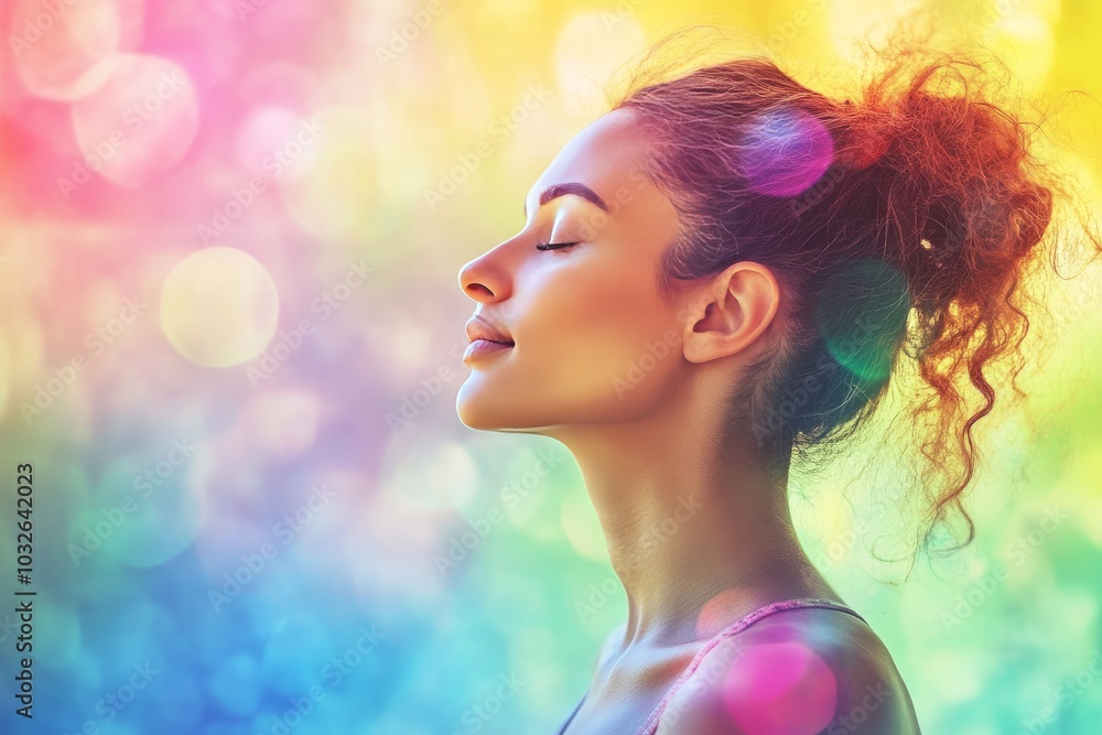 Woman’s face illuminated in rainbow light symbolizing personal growth joy and the vibrant energy of life with colorful tones representing a sense of wonder and transformation Woman’s face illuminated in rainbow light symbolizing personal growth joy and the vibrant energy of life with colorful tones representing a sense of wonder and transformation