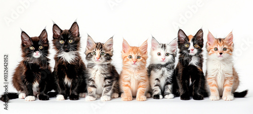 A group of small Maine Coon kittens of different colors, gray, red, black, sitting on a light background