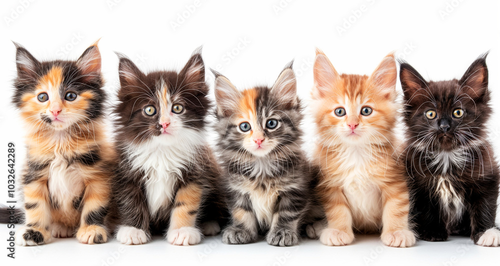 A group of small Maine Coon kittens of different colors, gray, red, black, sitting on a light background A group of small Maine Coon kittens of different colors, gray, red, black, sitting on a light background