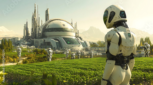 Fototapeta Naklejka Na Ścianę i Meble -  A robot is standing in a field next to a large building