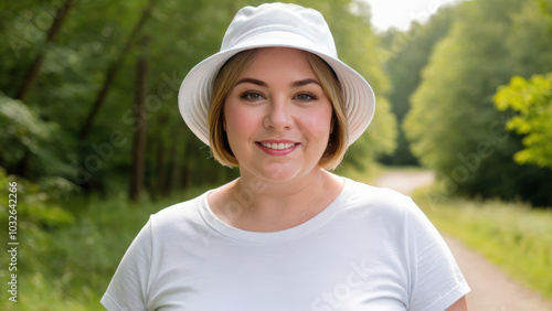 Plus size woman with short hair wearing white t-shirt and white bucket hat standing in nature