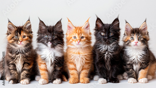 A group of small Maine Coon kittens of different colors, gray, red, black, sitting on a light background