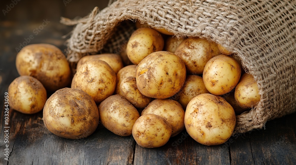 Sack of freshly harvested potatoes spilling onto a rustic wooden surface Sack of freshly harvested potatoes spilling onto a rustic wooden surface