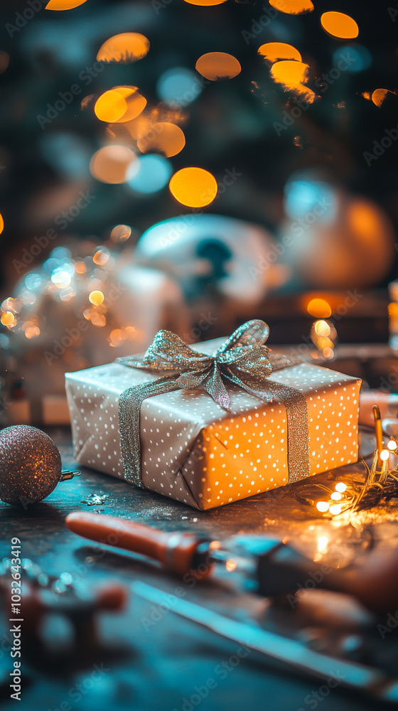 A beautifully wrapped gift sits on a rustic wooden table in a cozy, decorated winter cabin during the festive holiday season A beautifully wrapped gift sits on a rustic wooden table in a cozy, decorated winter cabin during the festive holiday season
