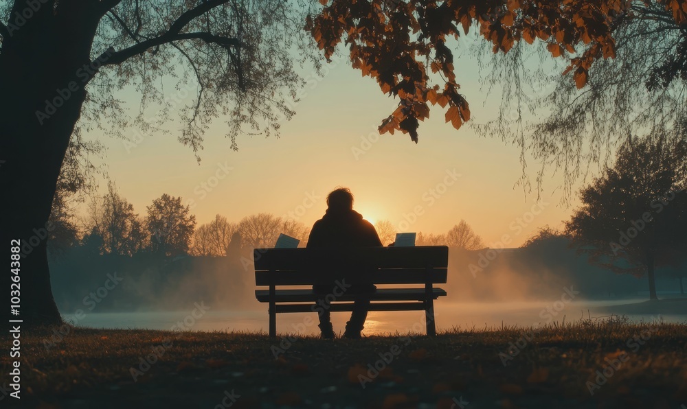 Silhouetted person sits on bench overlooking foggy lake. Silhouetted person sits on bench overlooking foggy lake.