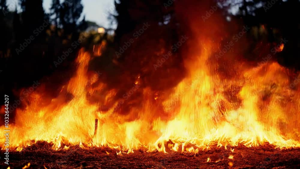 Line of intense flames burns across a dry ground, evoking a powerful scene of fire and destruction, with embers floating in the dark background. Line of intense flames burns across a dry ground, evoking a powerful scene of fire and destruction, with embers floating in the dark background.