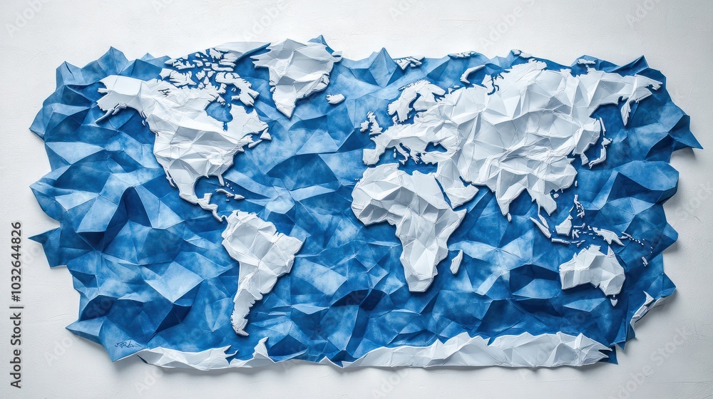 Obraz premium A blue and white world map with a lot of detail. The map is made of triangles and has a very modern look to it